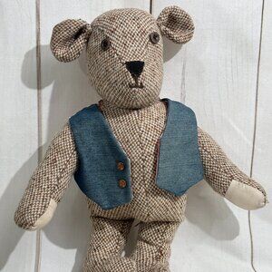 Handmade Teddy Bear 16" Vest Button Eyes Burlap Country Vintage Nursery Decor